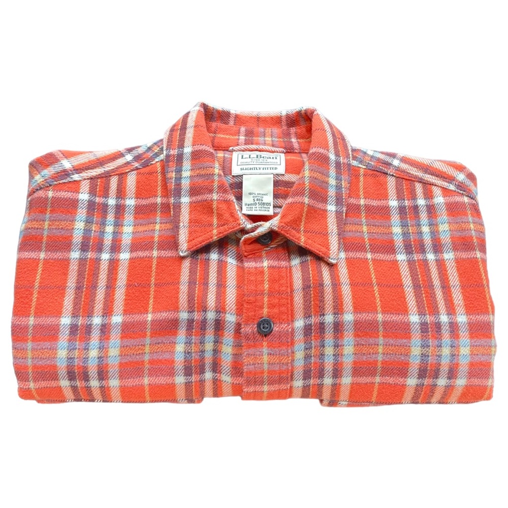 L.L. Bean Slightly Fitted 100% Organic Cotton Orange Flannel Long Sleeve Small